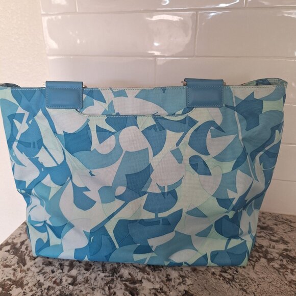 Tumi Womens Open Top Tote Handbag Double Strap, Blue  Leaf Canvas, Leather Trim - Picture 3 of 12